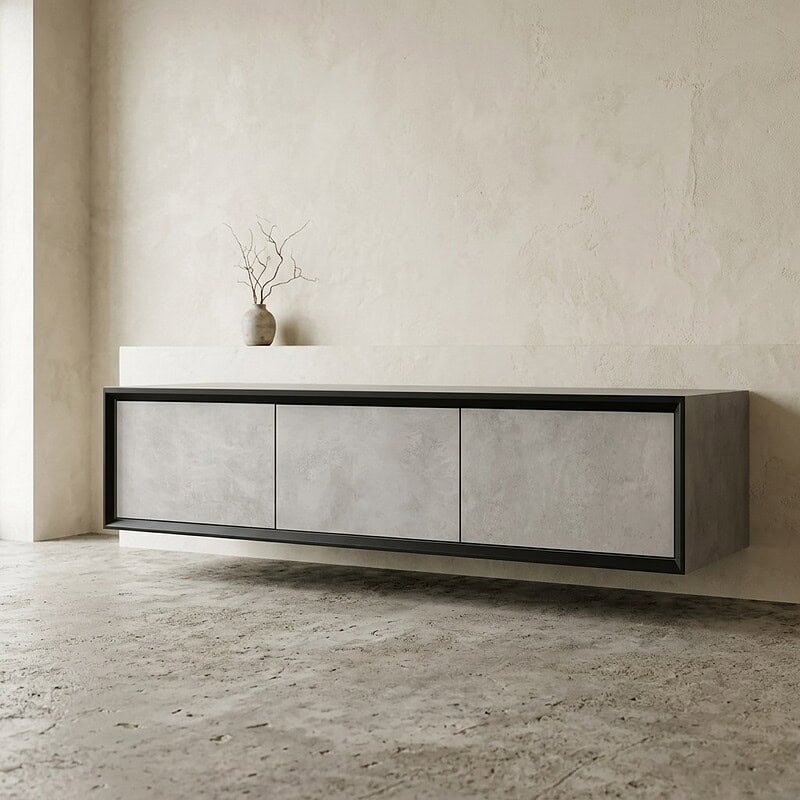 Modern zwart en grijs dressoir met strakke lijnen in een minimalistisch interieur, gecombineerd met een decoratieve vaas met takken.