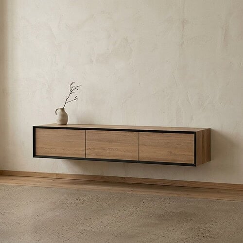 Moderne houten wandkast met lade en open vakken, perfect voor een minimalistische interieurstijl. Gemaakt van hoogwaardig hout, geschikt voor woonkamer of slaapkamer.