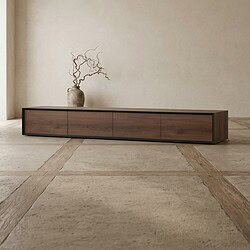 Modern houten tv-meubel met strakke lijnen en opbergruimte, perfect voor een eigentijdse woonkamer.