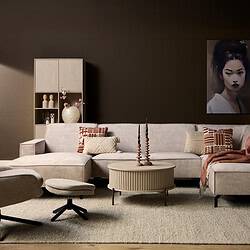 Luxe Mokana lounge meubelset in een modern interieur met kunstwerk en sfeerverlichting, perfect voor stijlvolle woonruimtes.