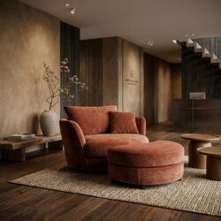 Loveseat Kart Fabbrica draaifauteuil 1,5-zits met poef in terracotta chenille tegen gestucte muur