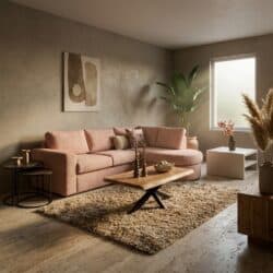 Gezellige woonkamer met Mokana meubelen, roze bank, houten salontafel en decoratieve planten voor een warme sfeer.