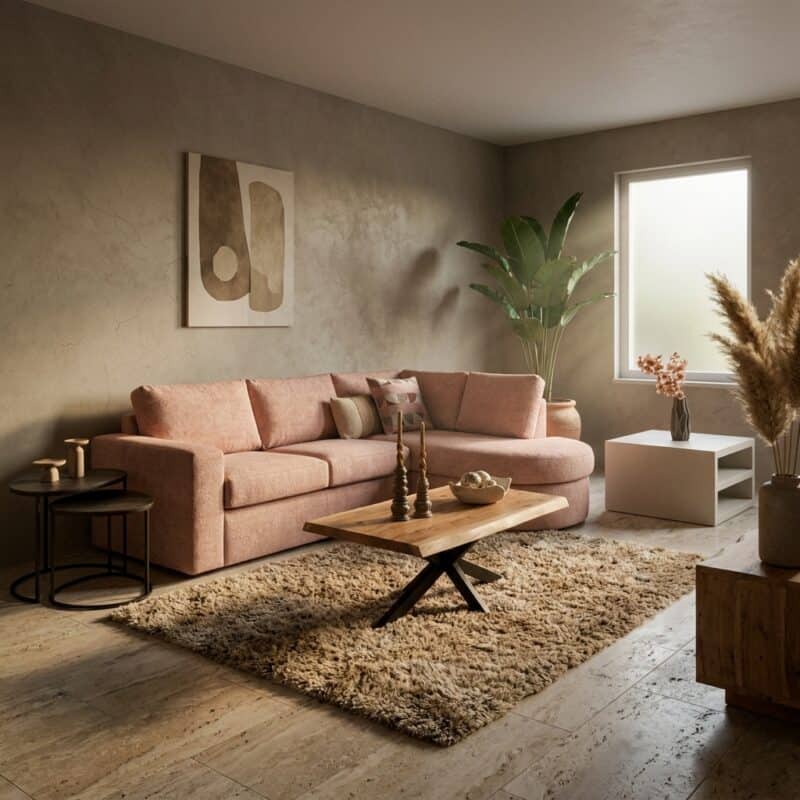 Gezellige woonkamer met Mokana meubelen, roze bank, houten salontafel en decoratieve planten voor een warme sfeer.