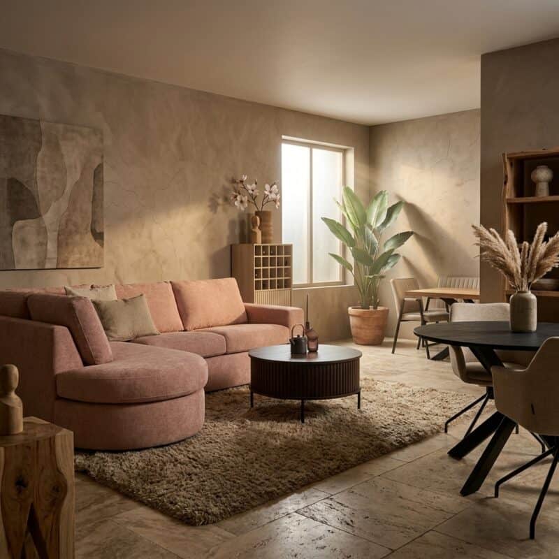 Gezellige woonkamer met Mokana meubels, roze bank, houten tafel en groene planten voor een warme sfeer.